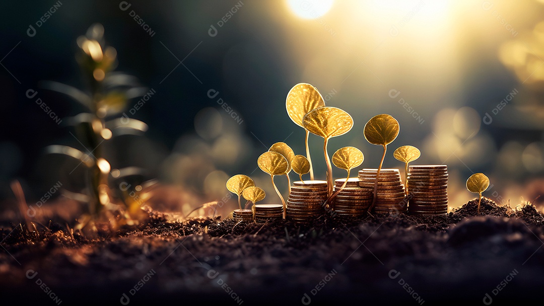 Planta e dinheiro crescendo em pilhas de moedas