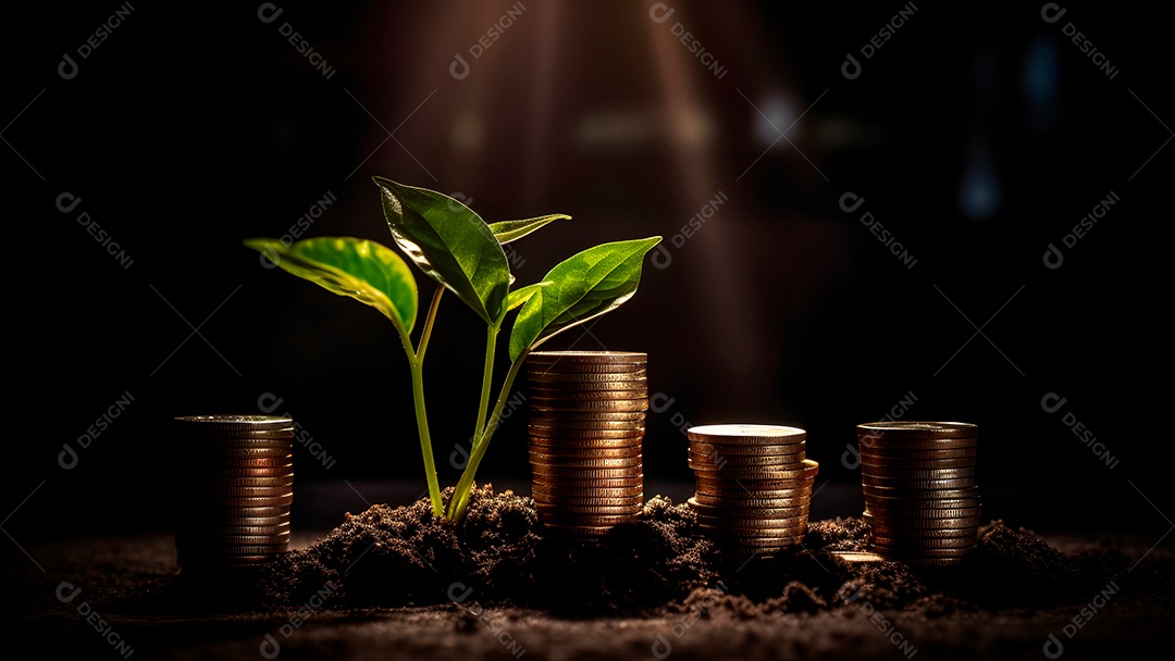 Planta e dinheiro crescendo em pilhas de moedas