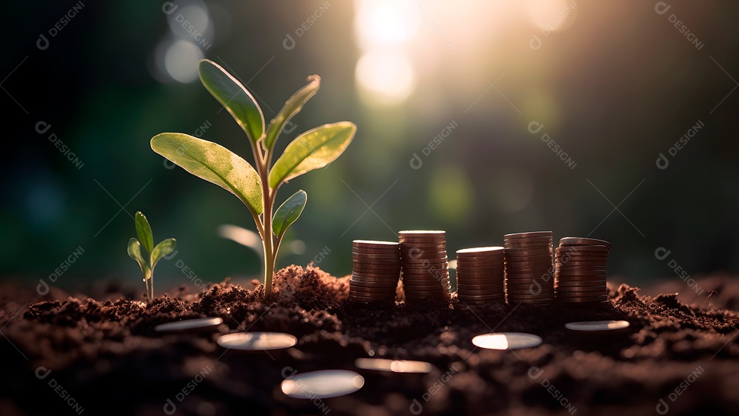 Planta e dinheiro crescendo em pilhas de moedas