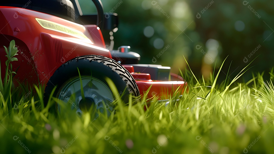 Cortador de grama em ação em um gramado ensolarado de verão.