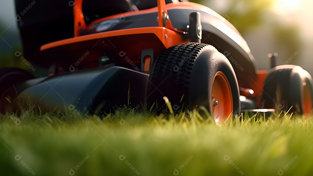 Cortador de grama em ação em um gramado ensolarado de verão.