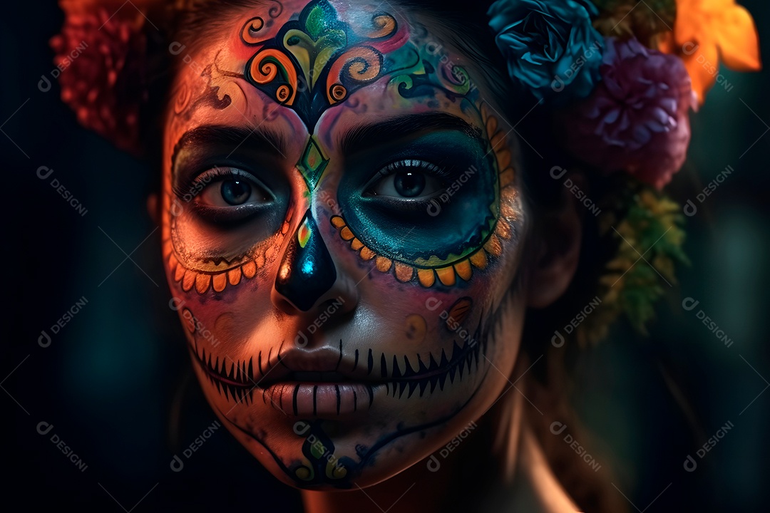 Retrato cinematográfico fotorrealista de uma linda mulher com caveira de açúcar no Dia dos Mortos.