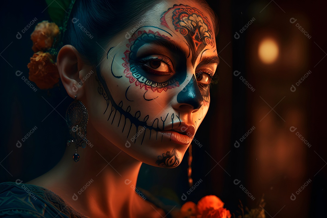 Retrato cinematográfico fotorealista de uma linda mulher com caveira de açúcar no Dia dos Morto