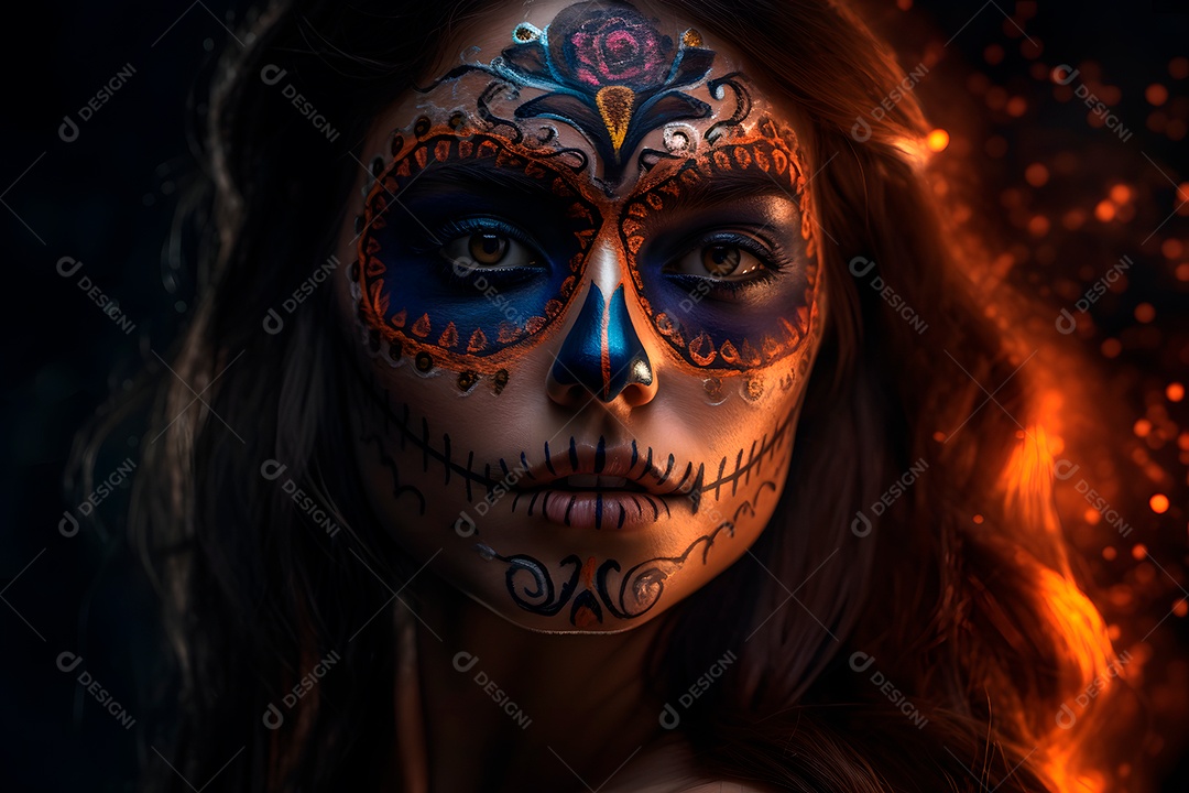 Retrato cinematográfico fotorealista de uma linda mulher com caveira de açúcar no Dia dos Morto