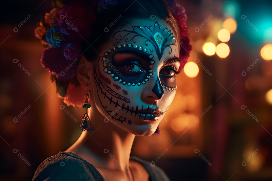 Retrato cinematográfico fotorealista de uma linda mulher com caveira de açúcar no Dia dos Morto