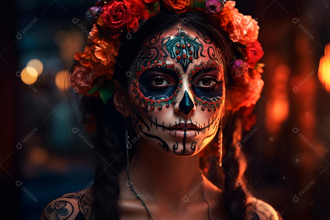 Retrato cinematográfico fotorrealista de uma linda mulher com caveira de açúcar no Dia dos Mortos.