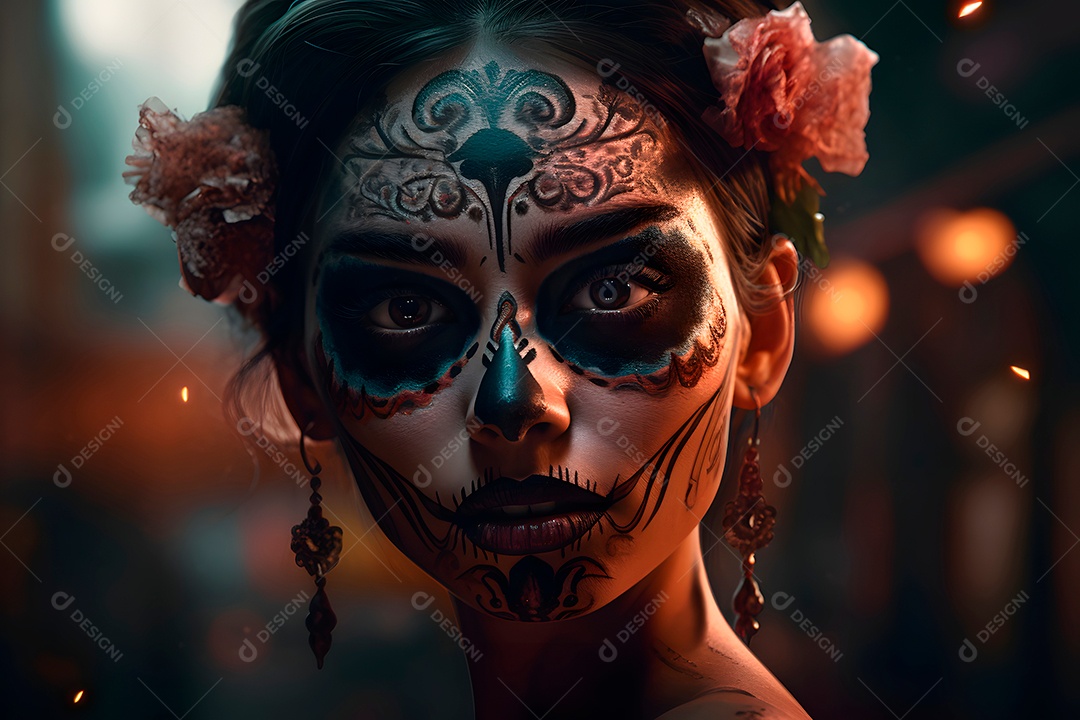 Retrato cinematográfico fotorrealista de uma linda mulher com caveira de açúcar no Dia dos Mortos.