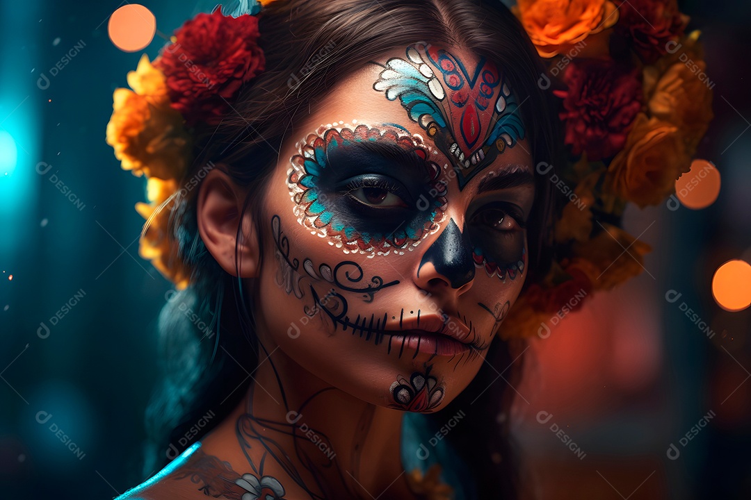 Retrato cinematográfico fotorrealista de uma linda mulher com caveira de açúcar no Dia dos Mortos.