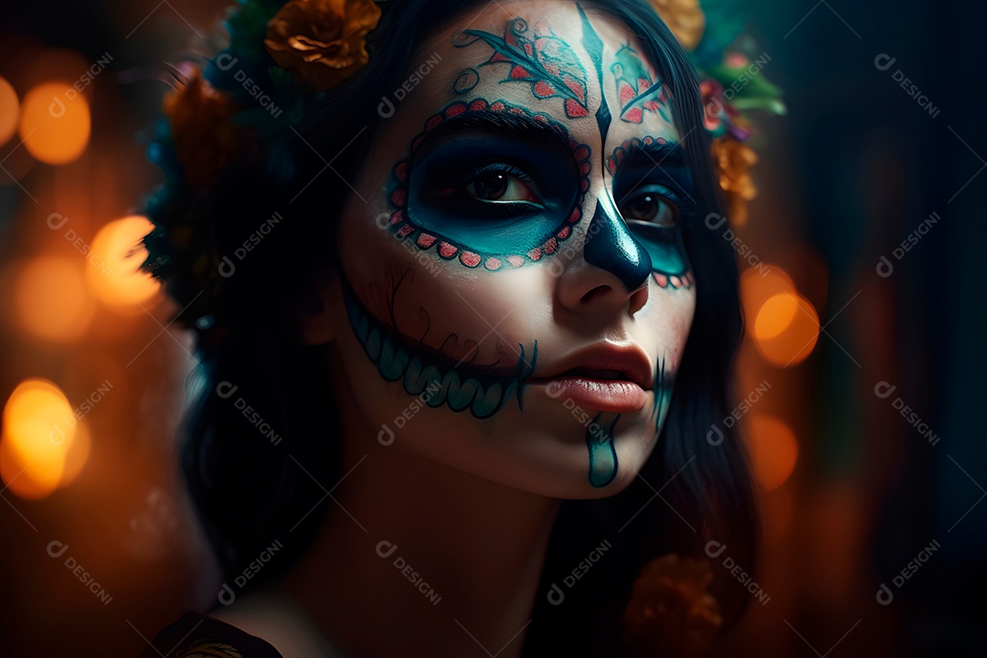 Retrato cinematográfico fotorrealista de uma linda mulher com caveira de açúcar no Dia dos Mortos.