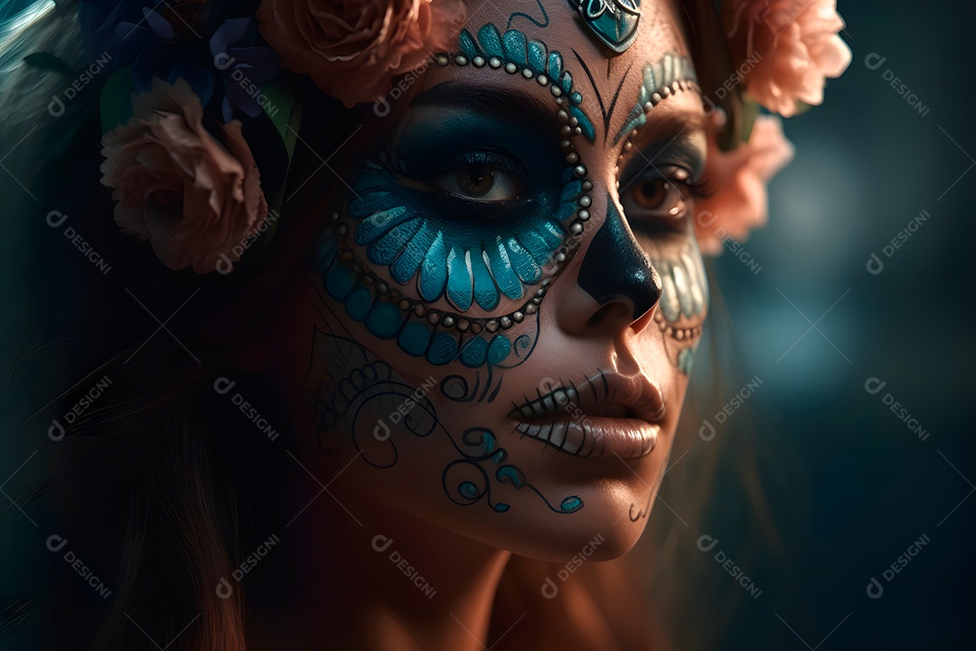 Retrato cinematográfico fotorrealista de uma linda mulher com caveira de açúcar no Dia dos Mortos.