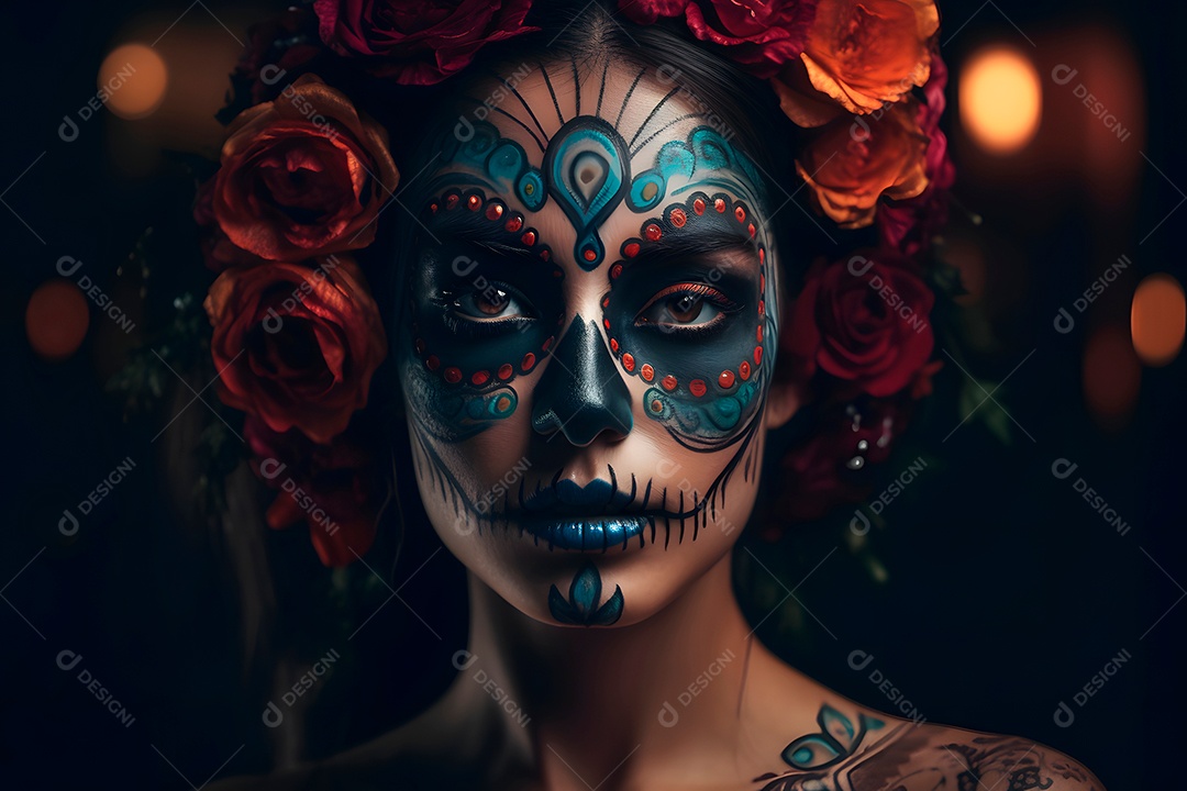 Retrato cinematográfico fotorrealista de uma linda mulher com caveira de açúcar no Dia dos Mortos.