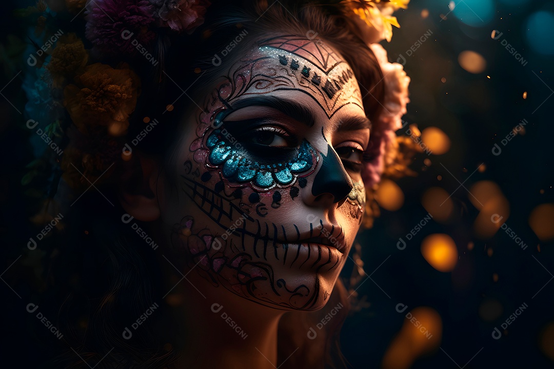 Retrato cinematográfico fotorrealista de uma linda mulher com caveira de açúcar no Dia dos Mortos.