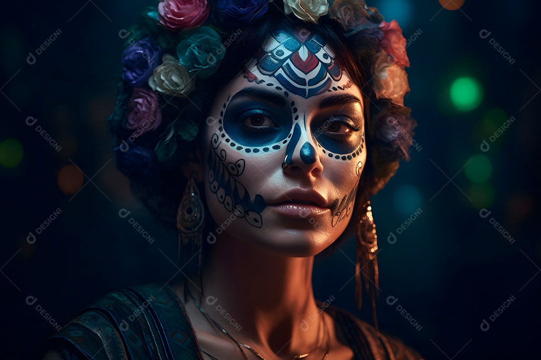 Retrato cinematográfico fotorrealista de uma linda mulher com caveira de açúcar no Dia dos Mortos.