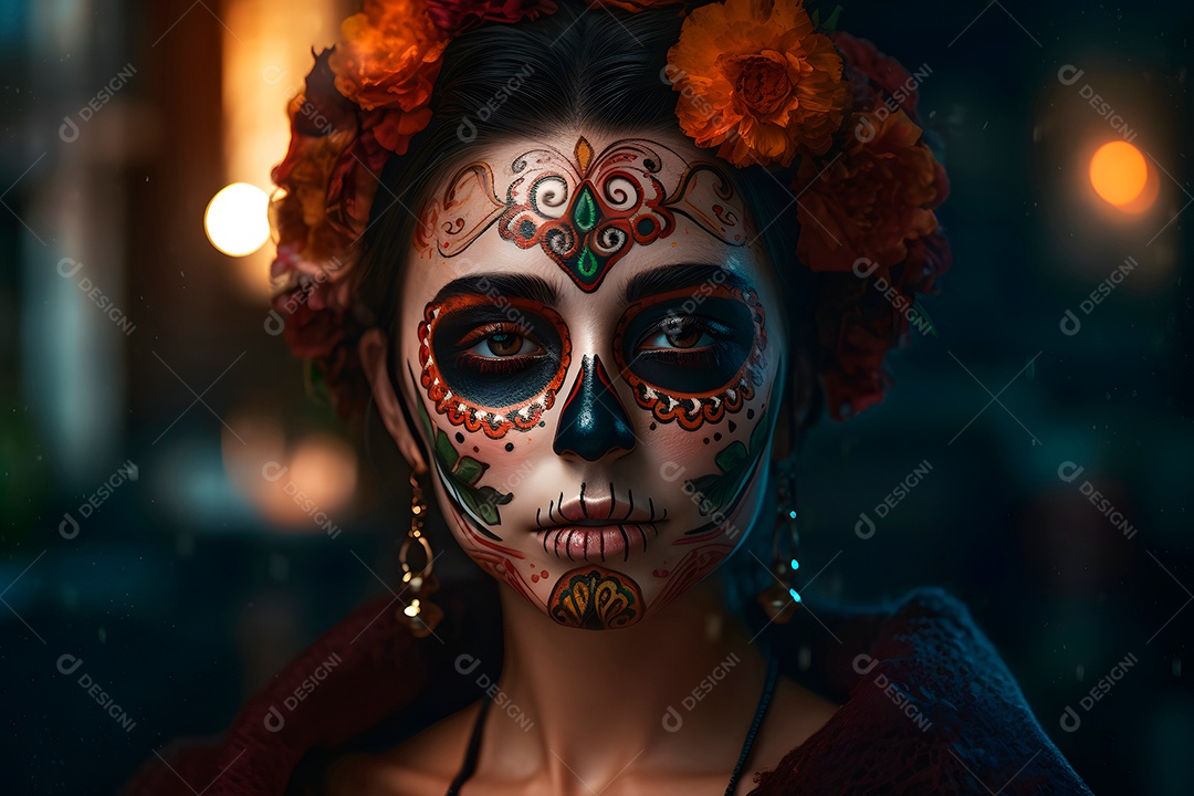 Retrato cinematográfico fotorrealista de uma linda mulher com caveira de açúcar no Dia dos Mortos.