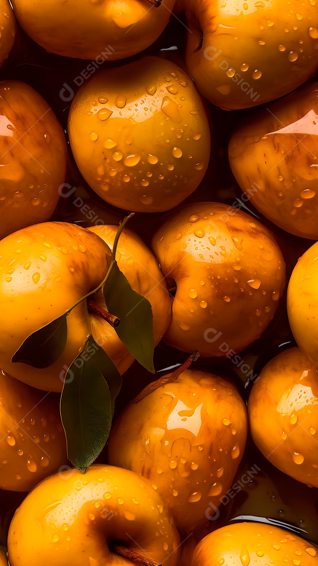 Maçãs douradas frescas com gotas dágua em close-up, fundo e textura sem emendas