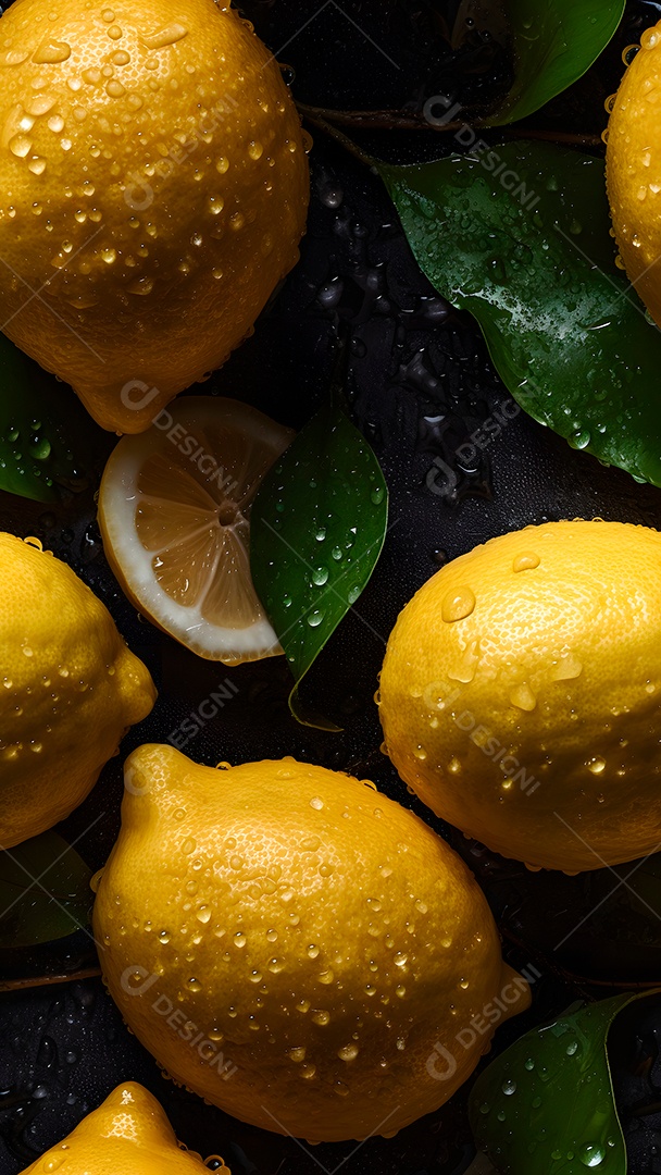 Textura perfeita e fundo macro em tela cheia de limões verdes frescos cobertos com gotas dágua. Rede neural gerada em maio de 2023. Não baseada em nenhuma cena ou padrão real.