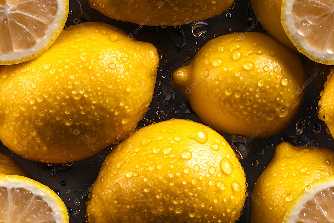 Textura perfeita e fundo macro em tela cheia de limões verdes frescos cobertos com gotas dágua. Rede neural gerada em maio de 2023. Não baseada em nenhuma cena ou padrão real.