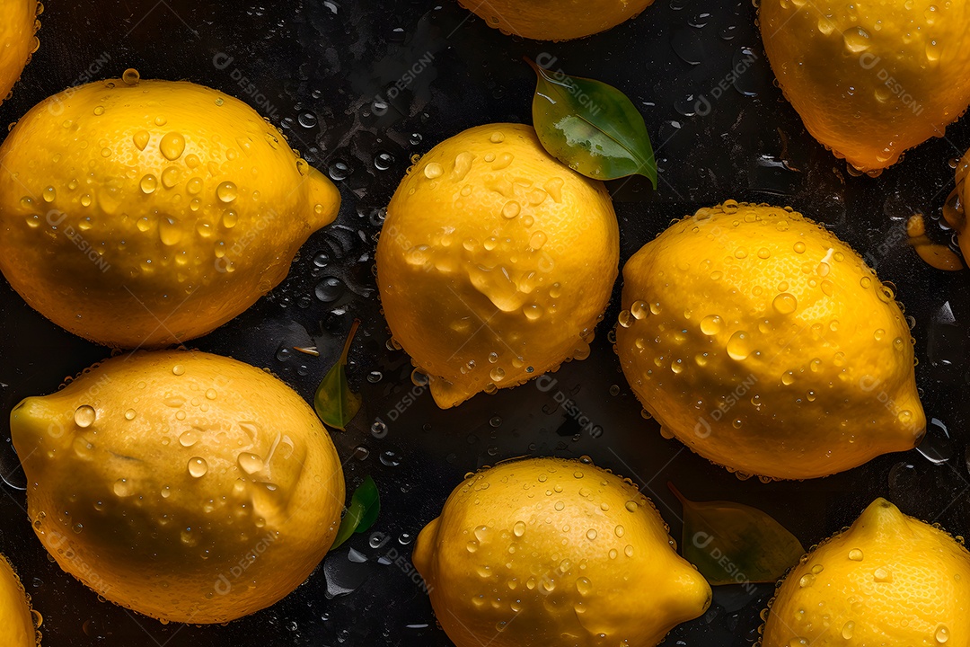 Textura perfeita e fundo macro em tela cheia de limões verdes frescos cobertos com gotas dágua. Rede neural gerada em maio de 2023. Não baseada em nenhuma cena ou padrão real.