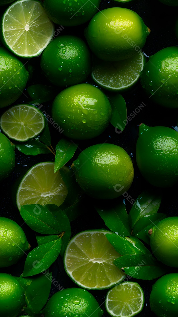 Textura perfeita e fundo macro em tela cheia de limões verdes frescos cobertos com gotas dágua. Rede neural gerada em maio de 2023. Não baseada em nenhuma cena ou padrão real.