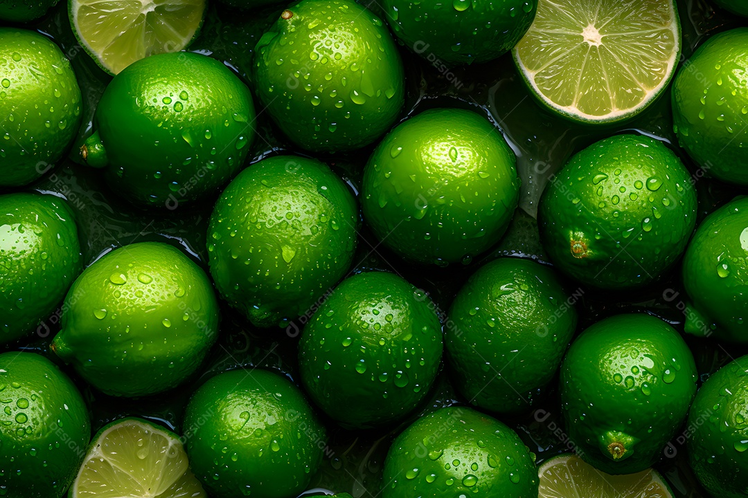 Textura perfeita e fundo macro em tela cheia de limões verdes frescos cobertos com gotas dágua. Rede neural gerada em maio de 2023. Não baseada em nenhuma cena ou padrão real.