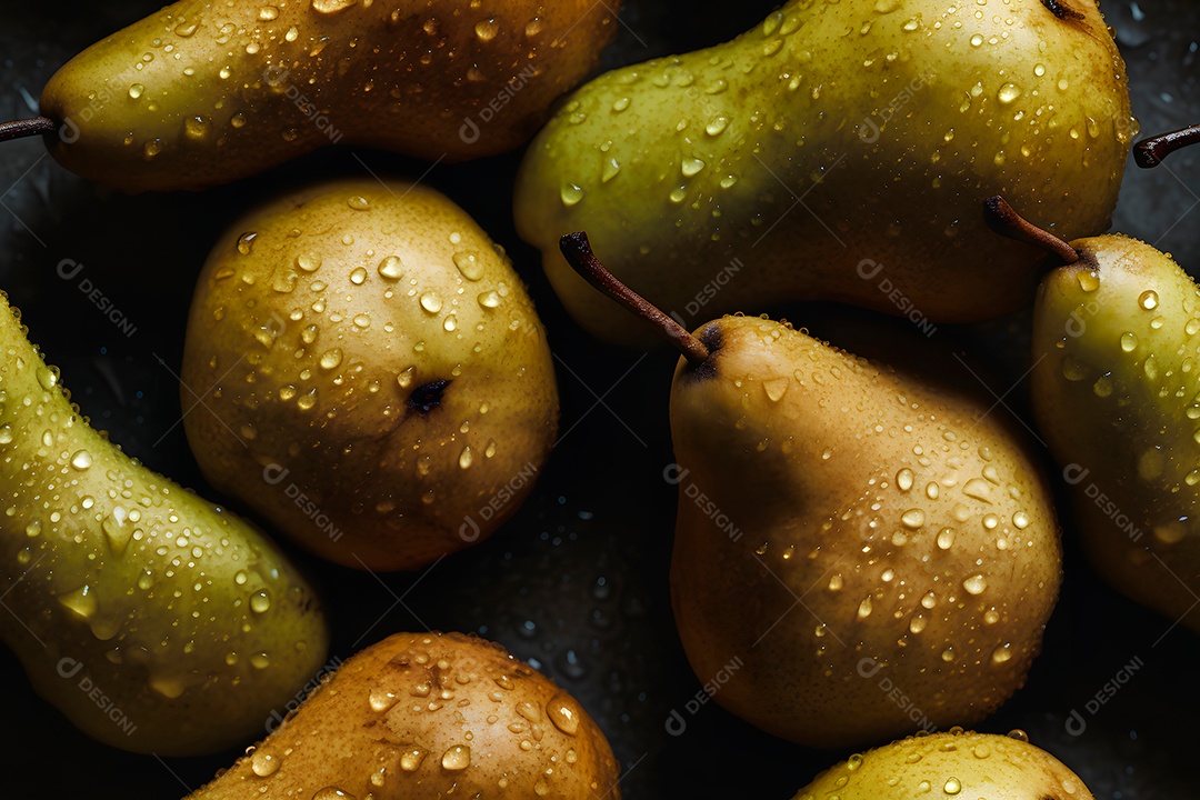Peras amarelas frescas com gotas dágua em close-up, fundo e textura sem emendas.