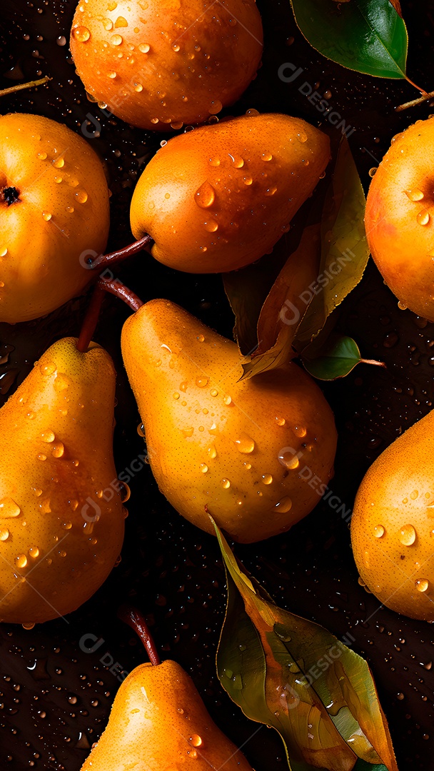 Peras amarelas frescas com gotas dágua em close-up, fundo e textura sem emendas.