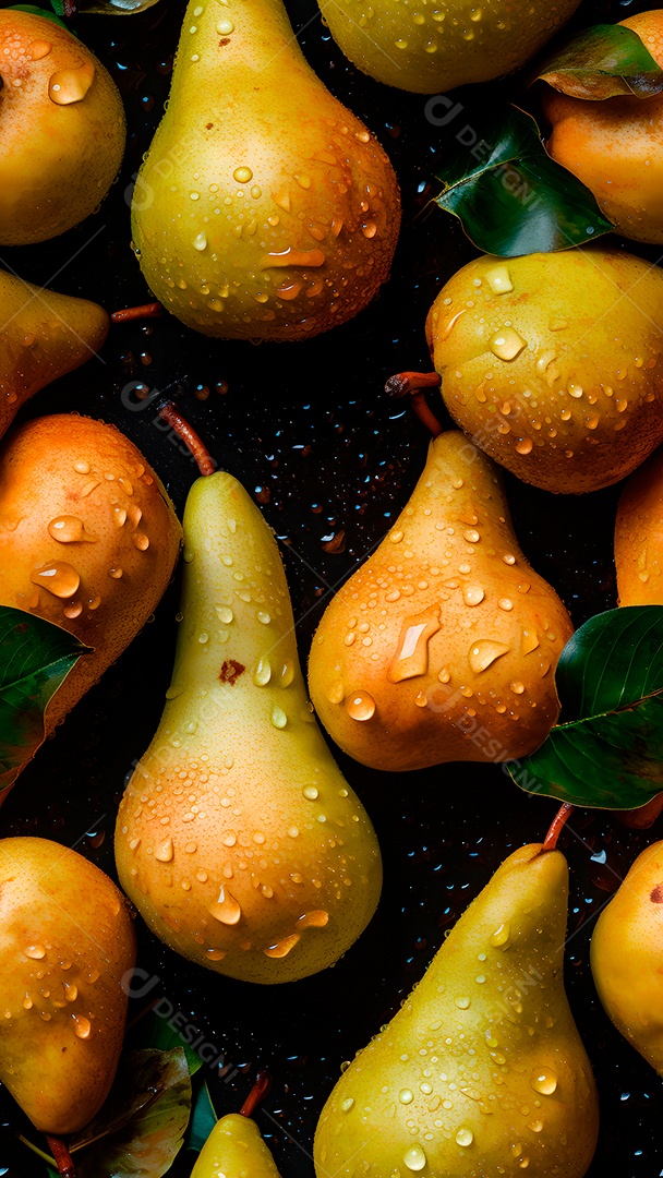 Peras amarelas frescas com gotas dágua em close-up, fundo e textura sem emendas.