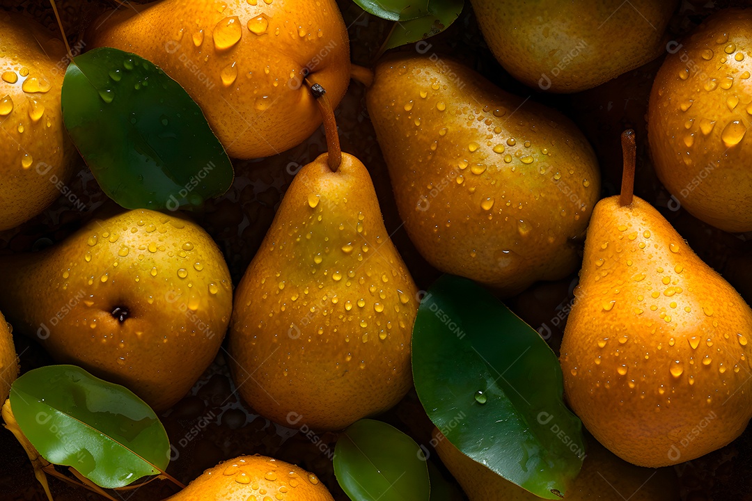 Peras amarelas frescas com gotas dágua em close-up, fundo e textura sem emendas.