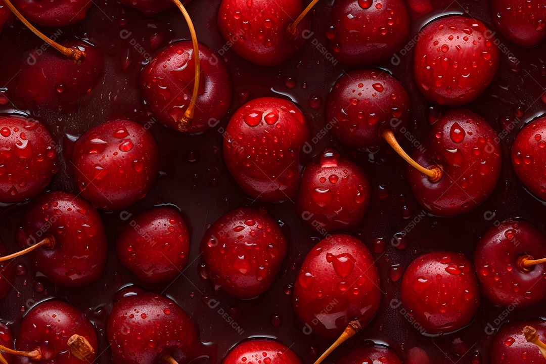Cereja vermelha fresca coberta com gotas dágua, fundo e textura em close-up sem emendas