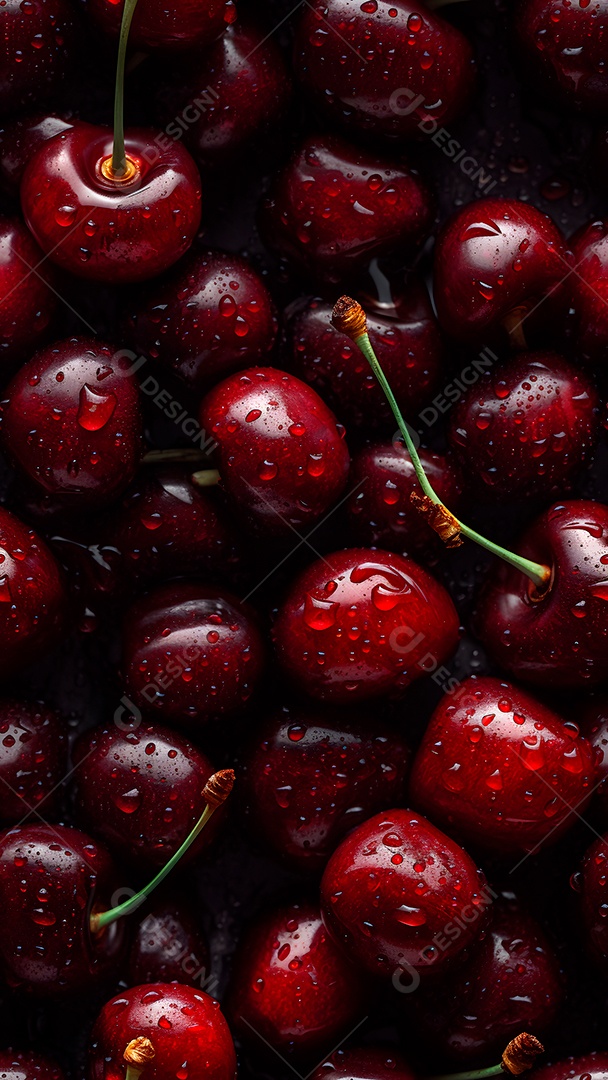 Cereja vermelha fresca coberta com gotas dágua, fundo e textura em close-up sem emendas