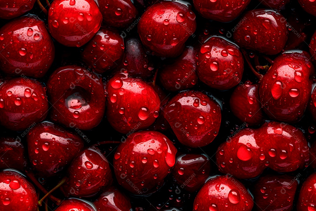 Cereja vermelha fresca coberta com gotas dágua, fundo e textura em close-up sem emendas