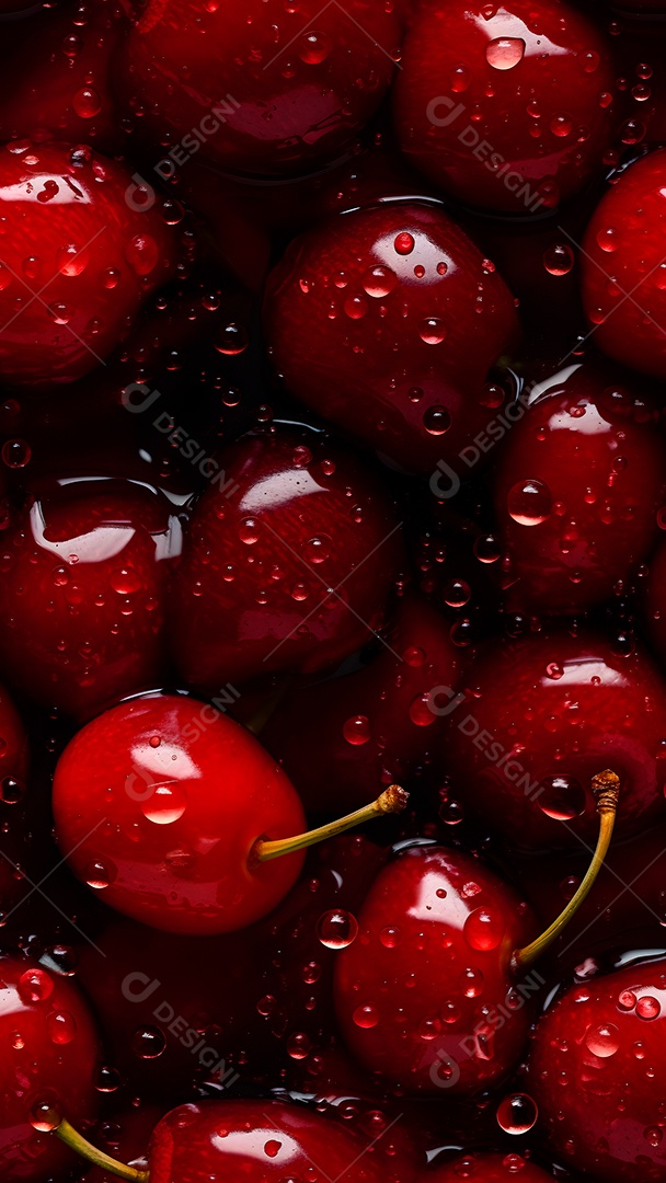 Cereja vermelha fresca coberta com gotas dágua, fundo e textura em close-up sem emendas