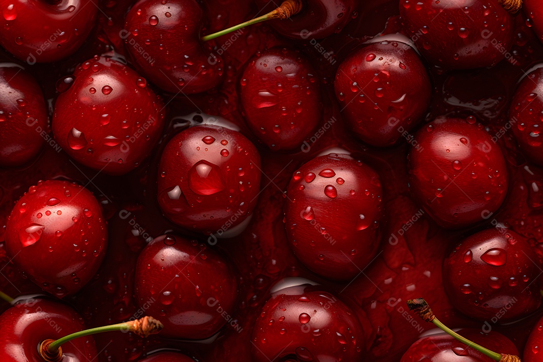 Cereja vermelha fresca coberta com gotas dágua, fundo e textura em close-up sem emendas
