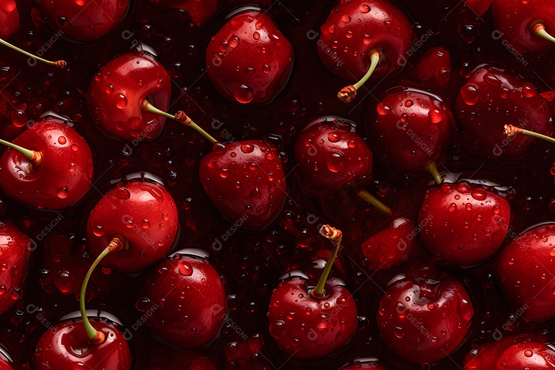 Cereja vermelha fresca coberta com gotas dágua, fundo e textura em close-up sem emendas