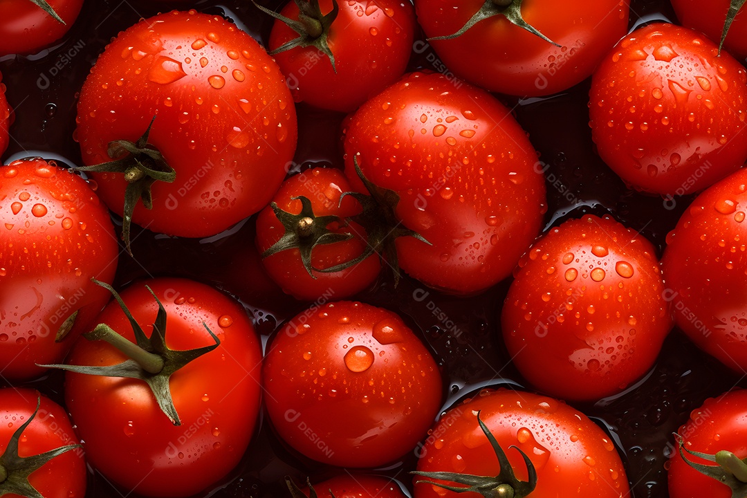 Tomates vermelhos frescos cobertos com gotas dágua, fundo e textura em close-up sem emendas. Rede neural gerada em maio de 2023. Não baseada em nenhuma cena ou padrão real.