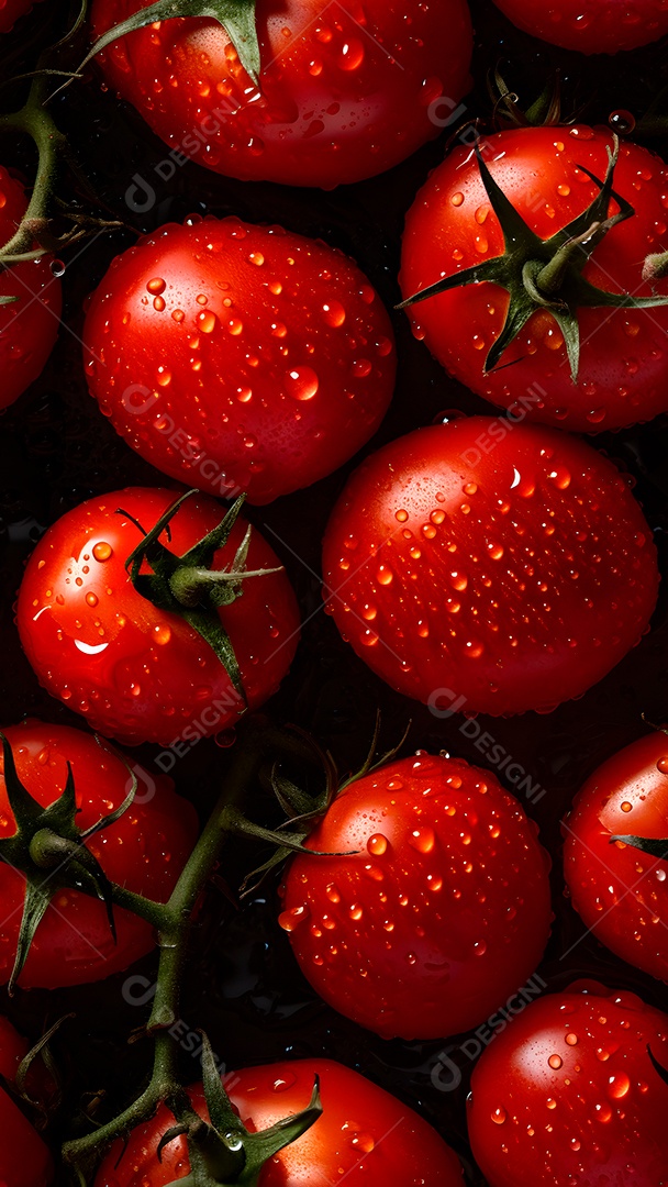 Tomates vermelhos frescos cobertos com gotas dágua, fundo e textura em close-up sem emendas. Rede neural gerada em maio de 2023. Não baseada em nenhuma cena ou padrão real.