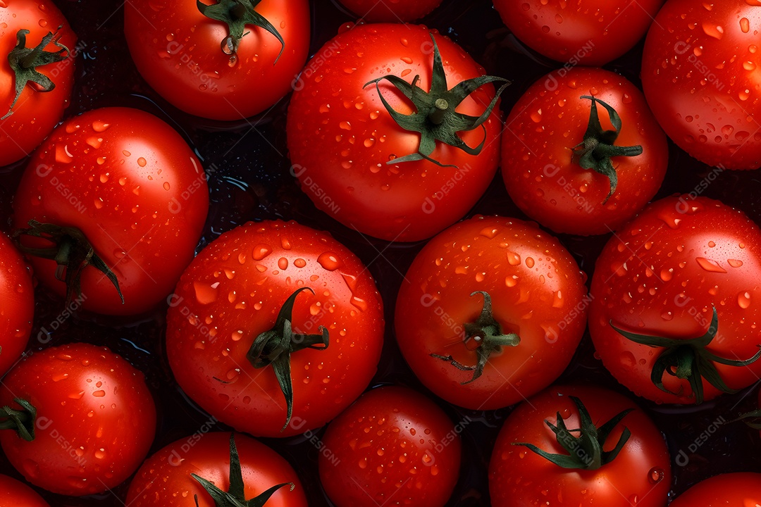 Tomates vermelhos frescos cobertos com gotas dágua, fundo e textura em close-up sem emendas. Rede neural gerada em maio de 2023. Não baseada em nenhuma cena ou padrão real.