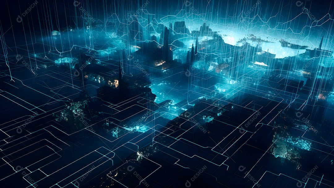 Dados digitais gráficos abstratos em fundo escuro.