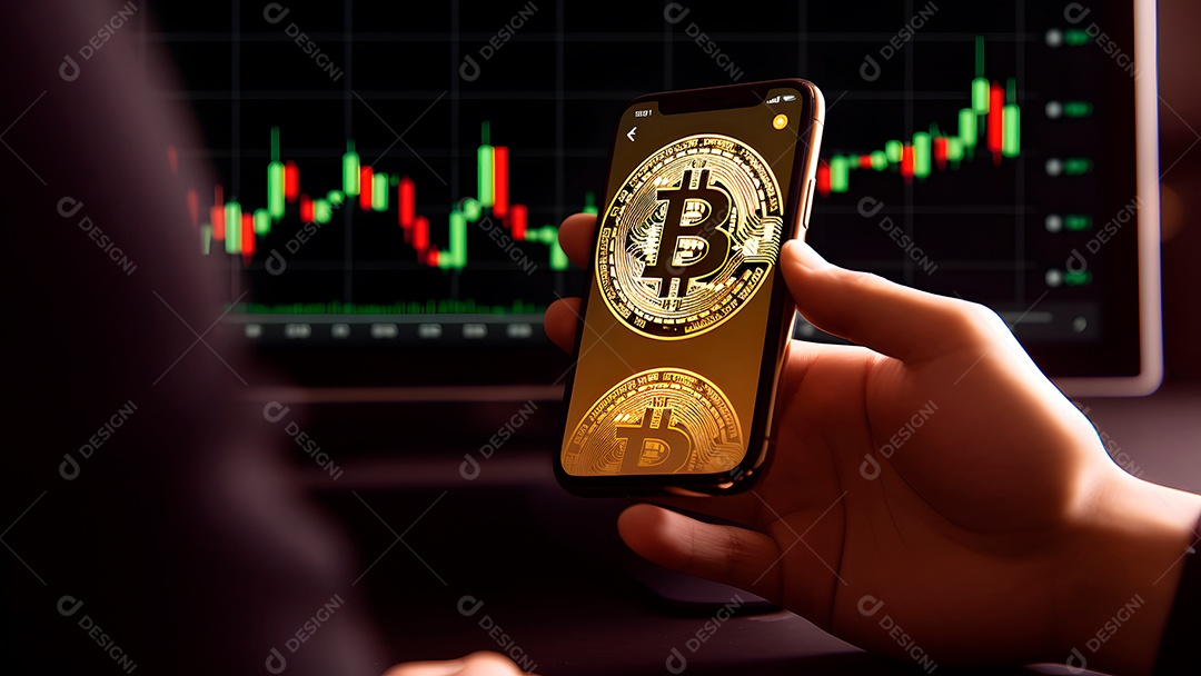 Bitcoin brilha em um laptop em frente a um gráfico de preços