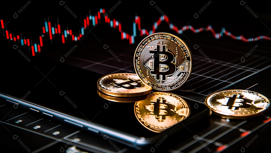 Bitcoin brilha em um laptop em frente a um gráfico de preços