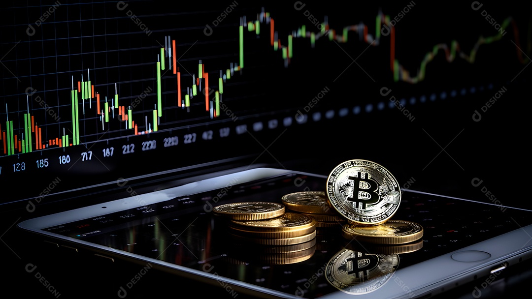 Bitcoin brilha em um laptop em frente a um gráfico de preços