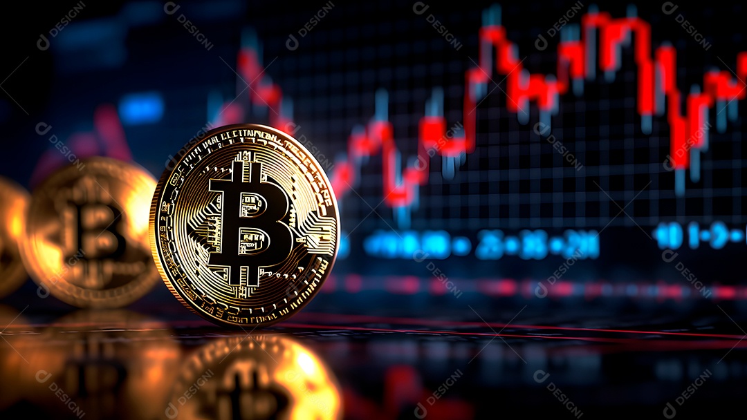 Bitcoin brilha em um laptop em frente a um gráfico de preços