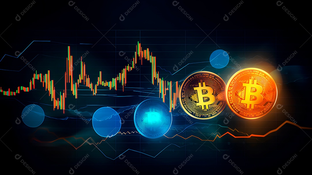 Bitcoin brilha em um laptop em frente a um gráfico de preços