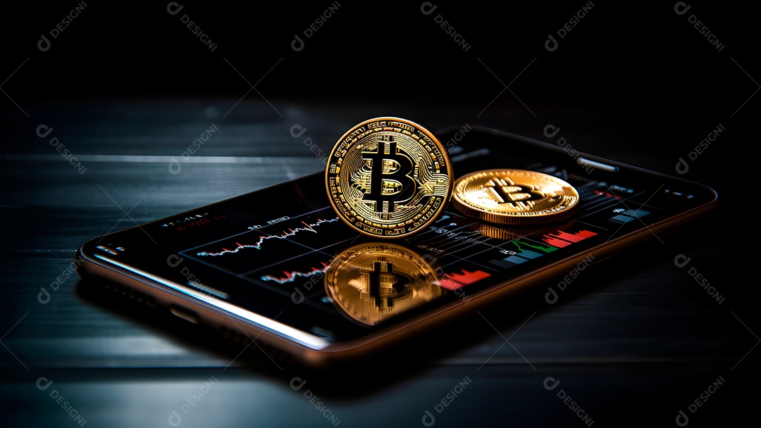 Bitcoin brilha em um laptop em frente a um gráfico de preços