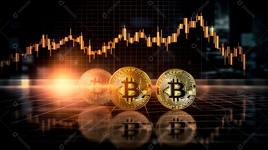 Bitcoin brilha em um laptop em frente a um gráfico de preços