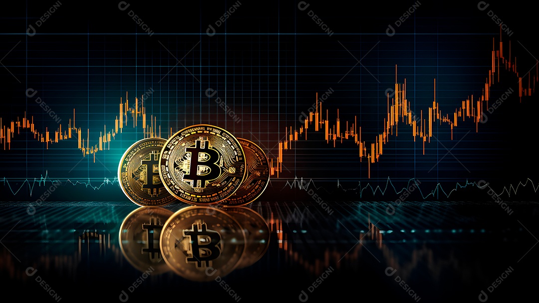 Bitcoin brilha em um laptop em frente a um gráfico de preços