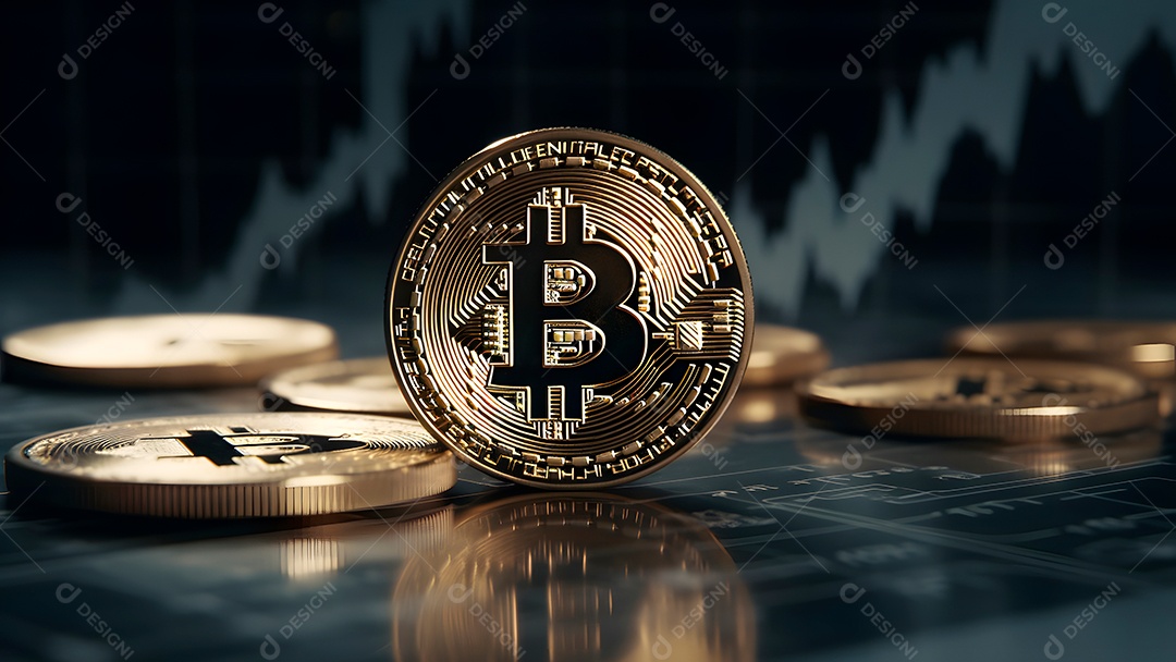 Bitcoin brilha em um laptop em frente a um gráfico de preços