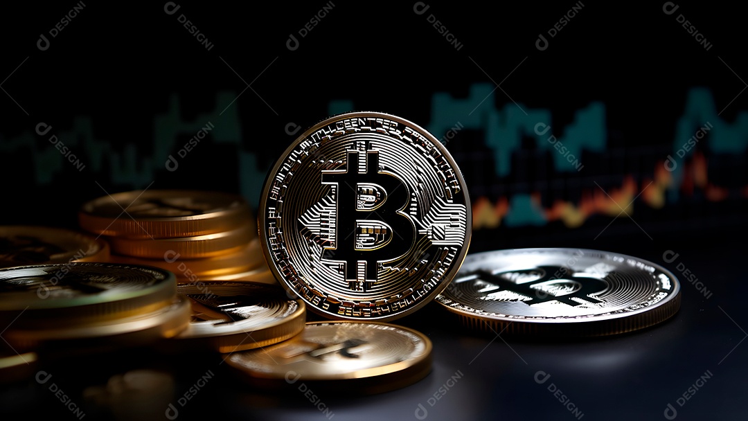 Bitcoin brilha em um laptop em frente a um gráfico de preços