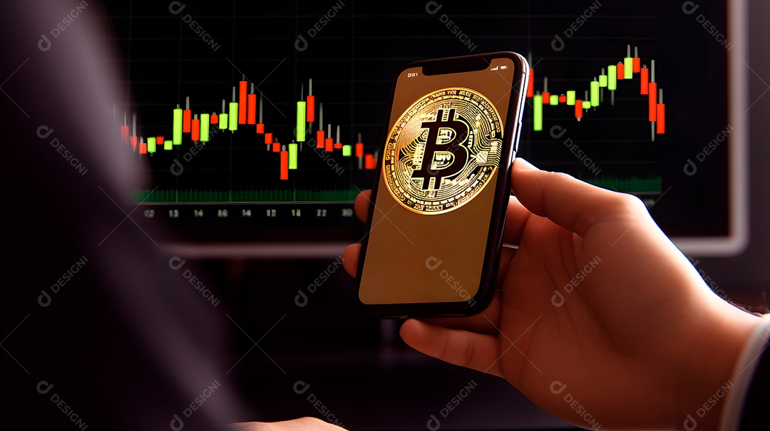 Bitcoin brilha em um laptop em frente a um gráfico de preços