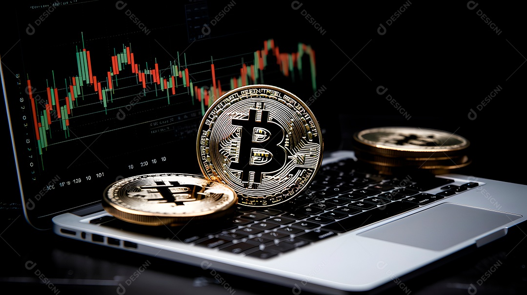 Bitcoin brilha em um laptop em frente a um gráfico de preços